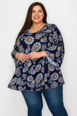 90 PQ {Southern Drawl} Navy/Orange Paisley Print V-Neck Top EXTENDED PLUS SIZE 3X 4X 5X