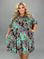 56 PSS-L {Paisley & Friends} Mint Blue Paisley Tiered Dress EXTENDED PLUS SIZE 3X 4X 5X