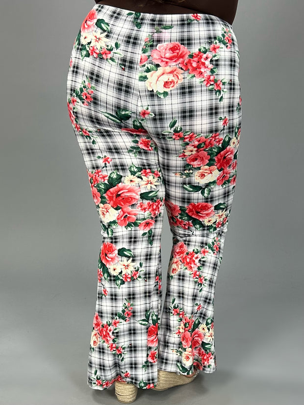 BT-H {Seeing The Beauty} Black/Ivory Plaid Floral Pants PLUS SIZE 1X 2X 3X