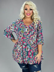 77 PQ-R {Dreams Of Color} Fuchsia Mint Printed Babydoll Top EXTENDED PLUS SIZE 3X 4X 5X