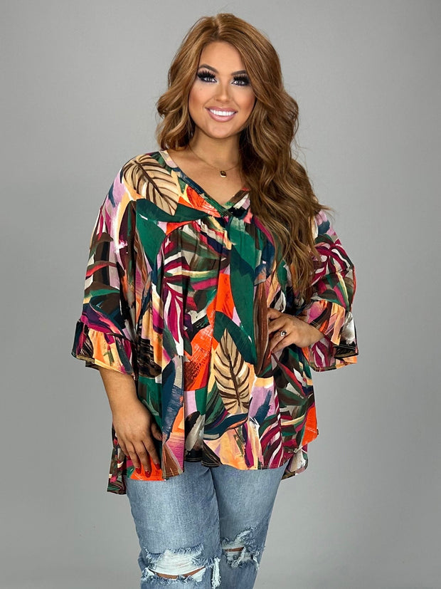 28 PQ {Along For The Ride} Green/Orange Babydoll Top PLUS SIZE 1X 2X 3X