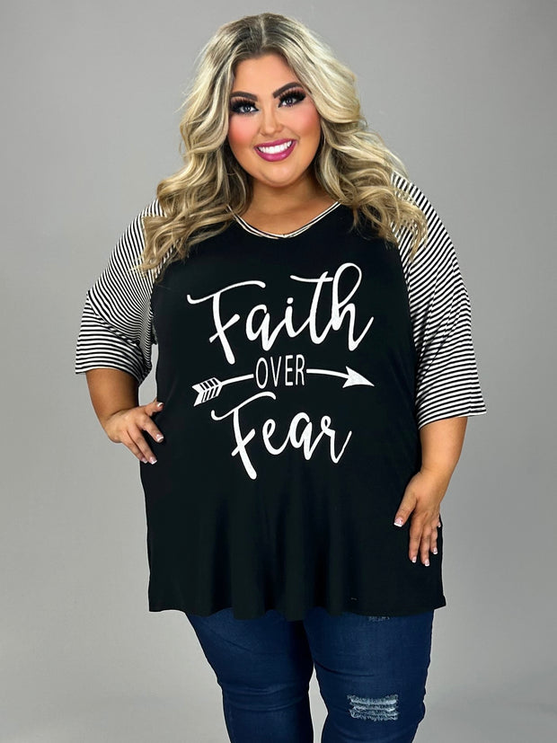 26 GT {Choose "Faith Over Fear"}  Black/White Stripe Graphic Tee  CURVY BRAND!!!  PLUS SIZE XL 2X 3X 4X 5X 6X (May Size Down 1 Size}