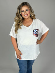 76 SD-A {Lovely Freedom} White Top W/Sequinned Flag PLUS SIZE 1X 2X 3X