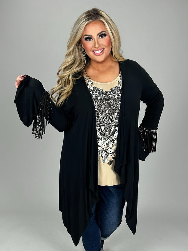 45  OT-B {Double Shot} Black Cardigan With Gold Studded Fringe Plus Size 1X 2X 3X