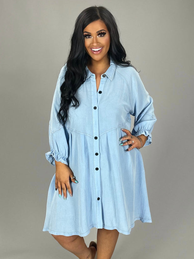 20 SLS-A {Always On Trend} Umgee Lt. Denim  Button Up Dress PLUS SIZE XL 1X 2X