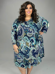 84 PQ {Paisley Me Crazy} Navy Paisley Print V-Neck Dress PLUS SIZE 1X 2X 3X