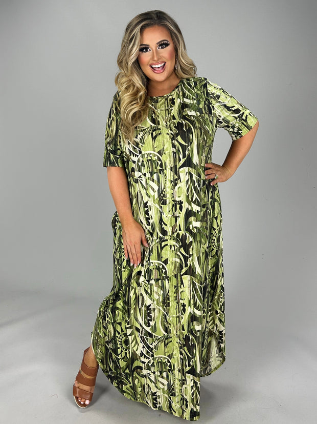 LD-C {Happy Memories} Green And Brown Printed Dress PLUS SIZE 1X, 2X, 3X