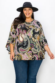 78 PQ {My Signature Look} Black/Purple Paisley Ruffle Sleeve Top EXTENDED PLUS 4X 5X 6X