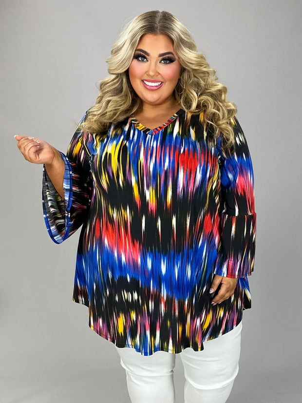 SALE!! 63 PQ-P {Blurry Pixels} Red Blue Printed Bell Sleeve Top EXTENDED PLUS SIZE 3X 4X 5X