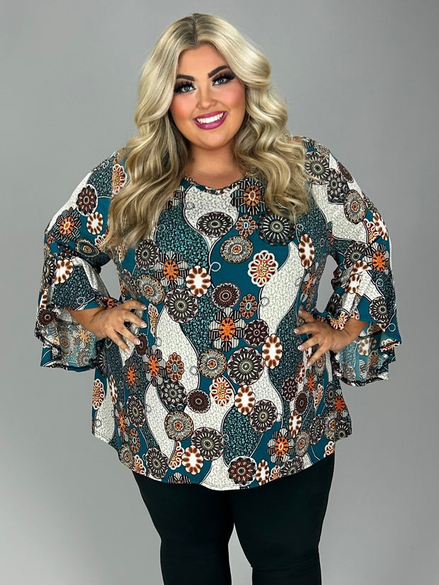 SALE!! 12 PQ {Let's Roll} Teal/Orange Mandala Print V-Neck Top EXTENDED PLUS SIZE 4X 5X 6X