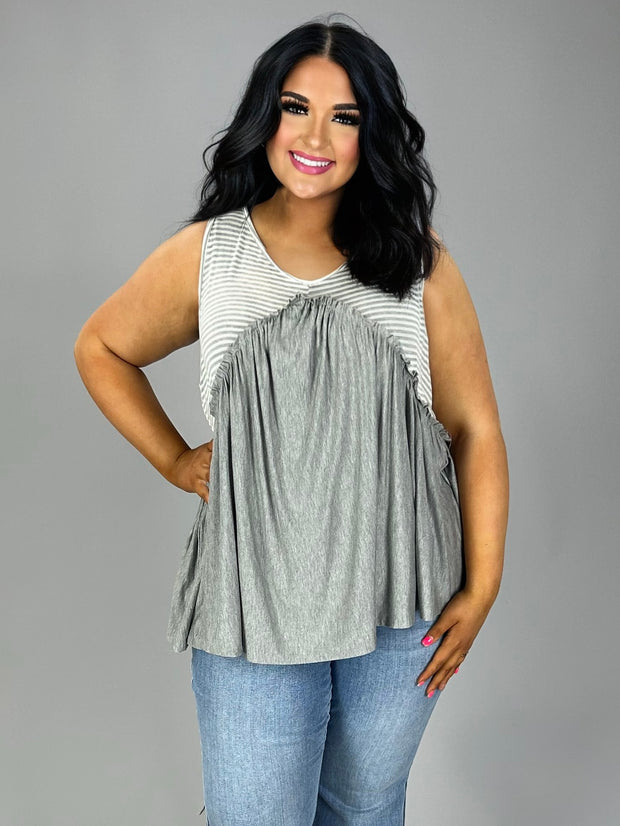 98 SV-B {All For Fun} Heather Grey Stripe Print Top