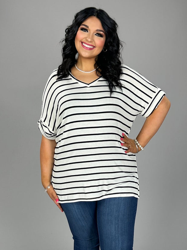 63 PSS-C {Good Energy} White Striped Top Cuffed Sleeves PLUS SIZE XL 2X 3X