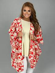 53 OT-C {Let Love In} Red/Ivory Floral Kimono  PLUS SIZE XL 2X 3X 4X 5X