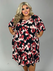 39 PSS-N {Hard To Beat} Black/Red Floral Print V-Neck Dress EXTENDED PLUS SIZE 3X 4X 5X