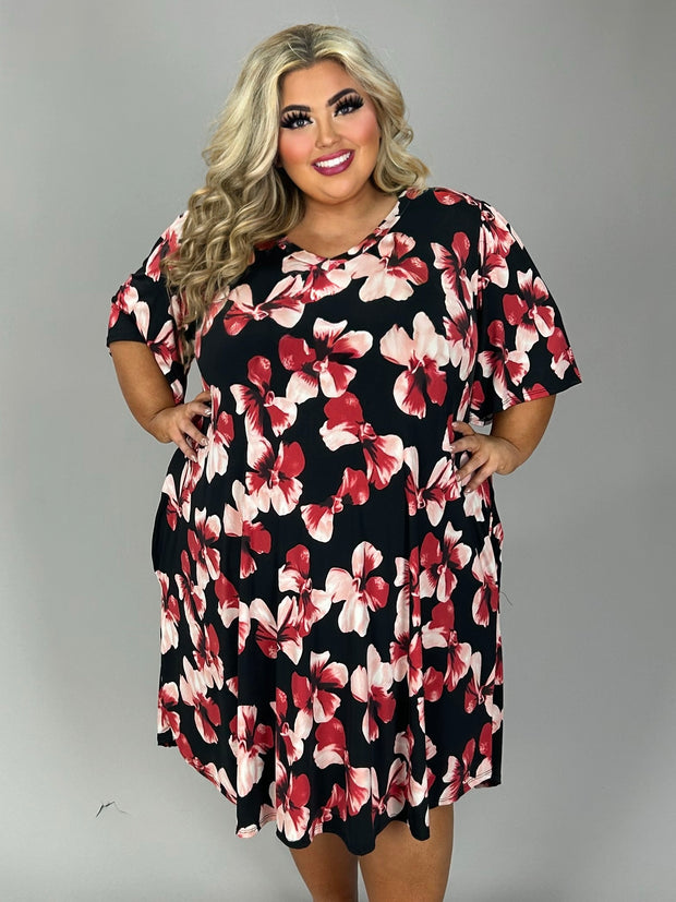 SALE!! 39 PSS-N {Hard To Beat} Black/Red Floral Print V-Neck Dress EXTENDED PLUS SIZE 3X 4X 5X