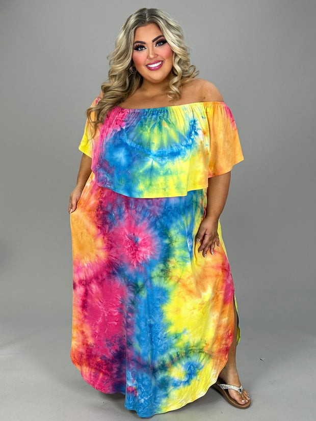 SALE!! LD-O {Pretty Graceful} Fuchsia/Blue Tie Dye Off Shoulder Maxi CURVY BRAND !! EXTENDED PLUS SIZE XL 2X 3X 4X 5X 6X