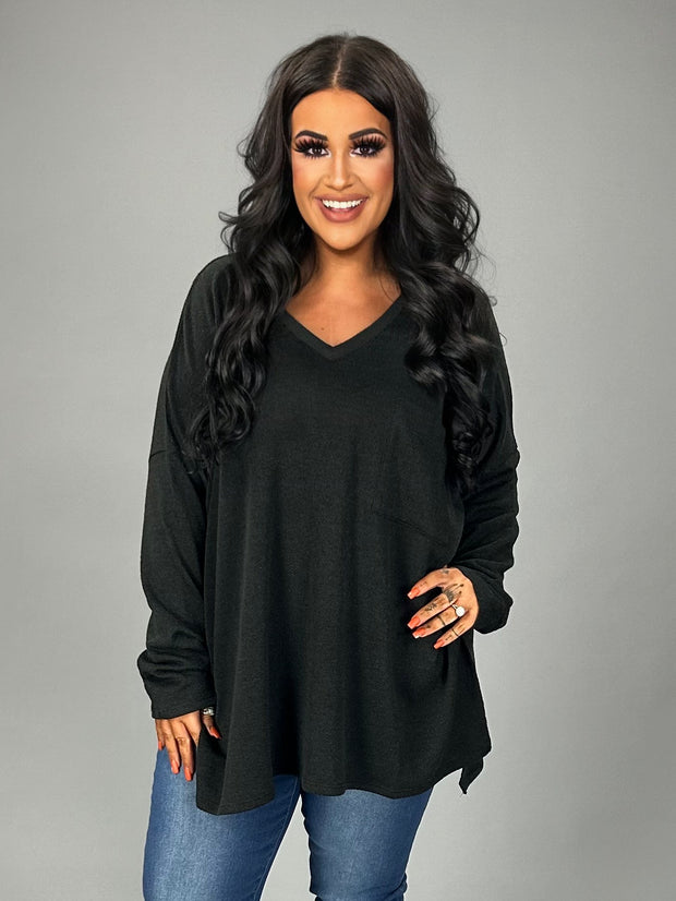 94 SLSL {All On You} Black   Melange Jacquard V-Neck Top PLUS SIZE 1X 2X 3X