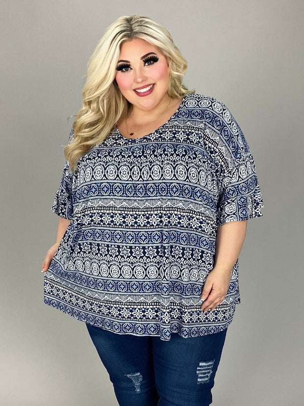 54 PSS {Be Inspired} Navy Multi Print Ruffle Sleeve Top EXTENDED PLUS SIZE 4X 5X 6X