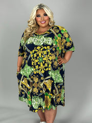 SALE!! 62 PSS {Keep Hope Alive} Navy/Green/Gold Print V-Neck Dress EXTENDED PLUS SIZE 3X 4X 5X