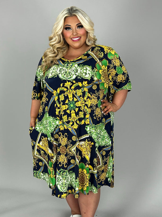 SALE!! 62 PSS {Keep Hope Alive} Navy/Green/Gold Print V-Neck Dress EXTENDED PLUS SIZE 3X 4X 5X