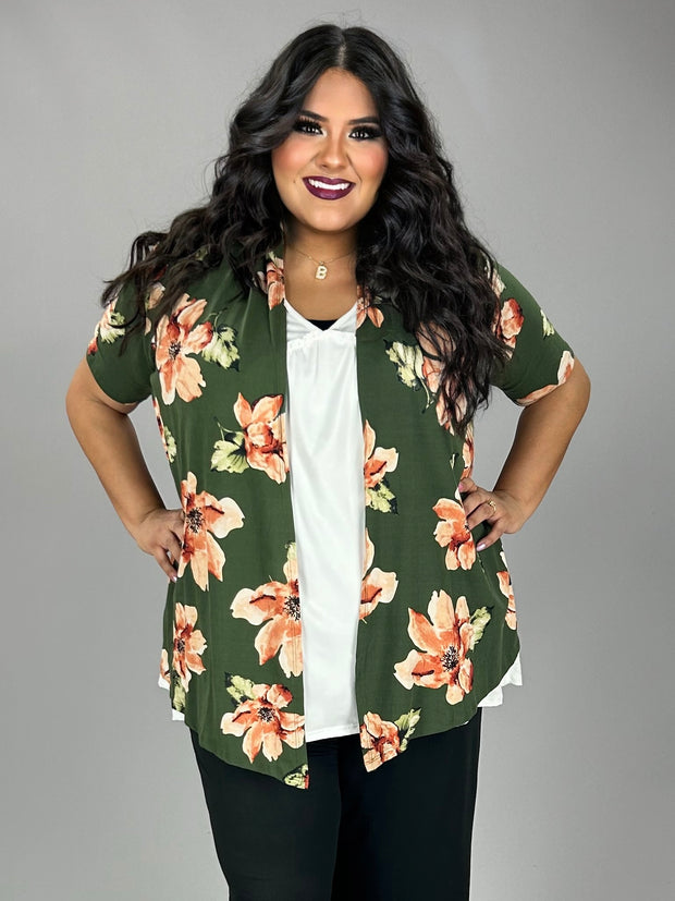 26 OT {Getting Ahead} Olive Floral Cardigan PLUS SIZE 1X 2X 3X