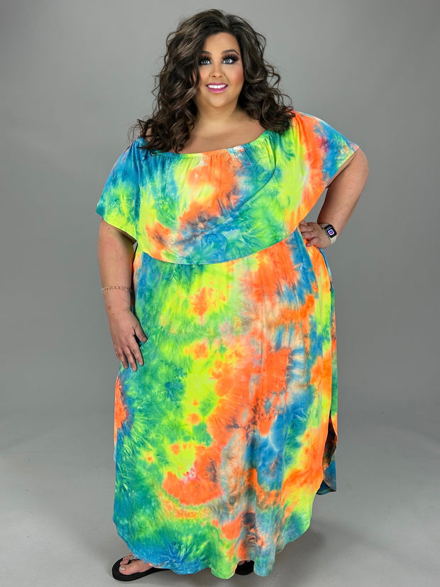 LD-Z {Always Carefree} Blue/Orange Tie Dye Off Shoulder Maxi Dress  Extended Plus Curvy Brand