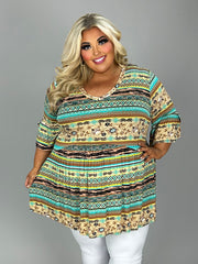 23 PSS {The It Girl} Tan/Mint Tribal Print Babydoll Top PLUS SIZE 1X 2X 3X 5X