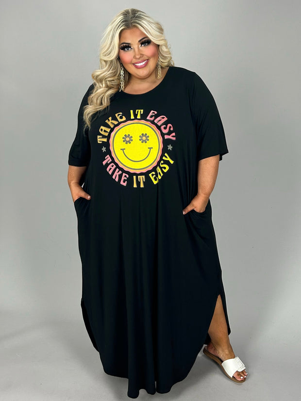 SALE!! LD-U {Take It Easy Smiley} Black Graphic Print Dress CURVY BRAND!!! PLUS SIZE XL 2X 3X 4X 5X 6X