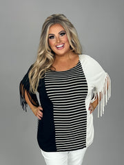 88 CP-A {Leader Of The Pack} Black/Ivory Striped Top W/Fringe PLUS SIZE 1X 2X 3X