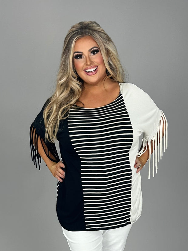 88 CP-A {Leader Of The Pack} Black/Ivory Striped Top W/Fringe PLUS SIZE 1X 2X 3X