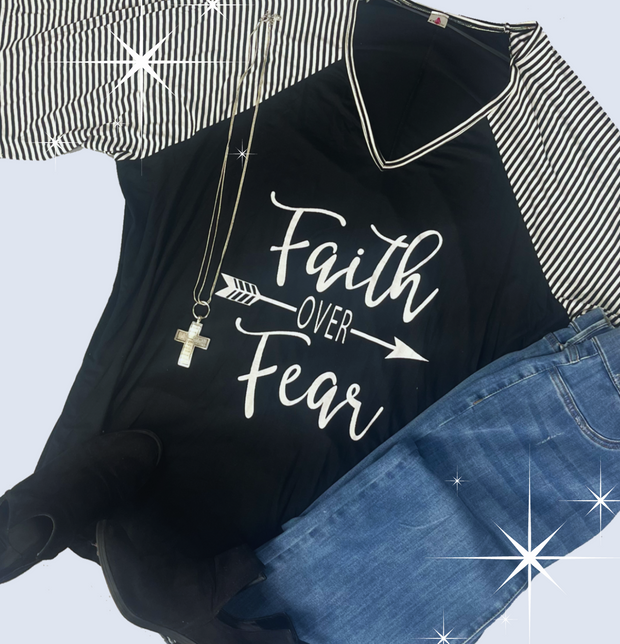 26 GT {Choose "Faith Over Fear"}  Black/White Stripe Graphic Tee  CURVY BRAND!!!  PLUS SIZE XL 2X 3X 4X 5X 6X (May Size Down 1 Size}