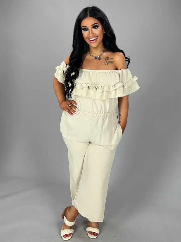 SALE!! RP-C {Feeling Fine} Natural Off Shoulder  Romper W/ Ruffle