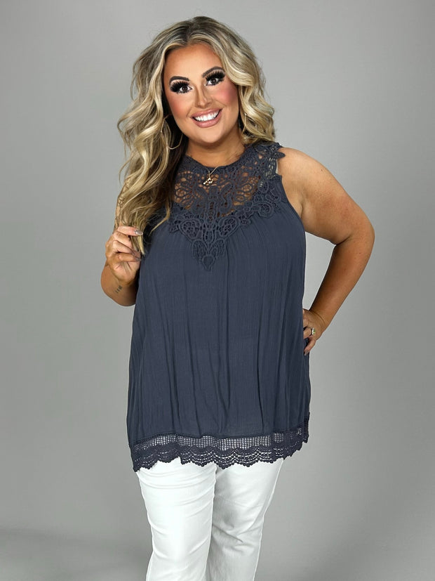 SALE!! SV-M {Perfect View} Slate Sleeveless Top with Crochet Detail