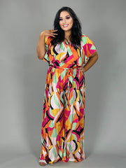 LD-P {Spicy Girl} Multi-Color Print Off Shoulder Jumpsuit PLUS SIZE 1X 2X 3X