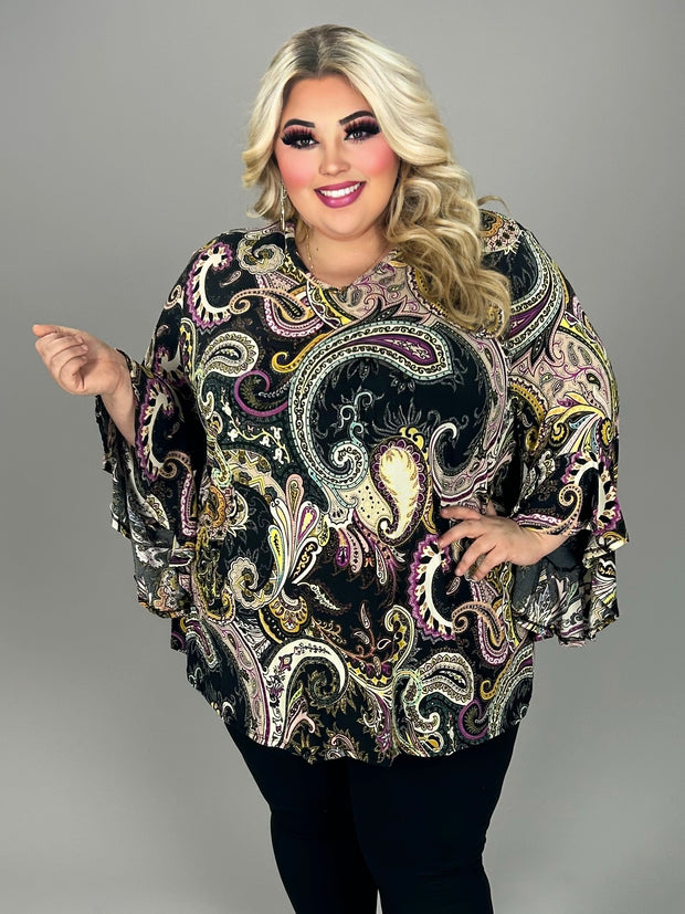 78 PQ {My Signature Look} Black/Purple Paisley Ruffle Sleeve Top EXTENDED PLUS 4X 5X 6X