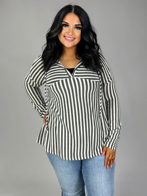 91   HD-C {Boss Lady Fav} Gray/Ivory Striped Hoodie PLUS SIZE 1X 2X 3X