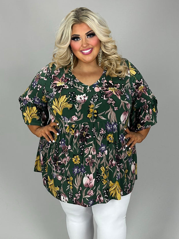 66 PSS {Through The Garden} Hunter Green Floral Babydoll Tunic EXTENDED PLUS SIZE 3X 4X 5X