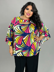 30 PQ {Fan For You} Navy/Fuchsia Keyhole Print Top PLUS SIZE 1X 2X 3X