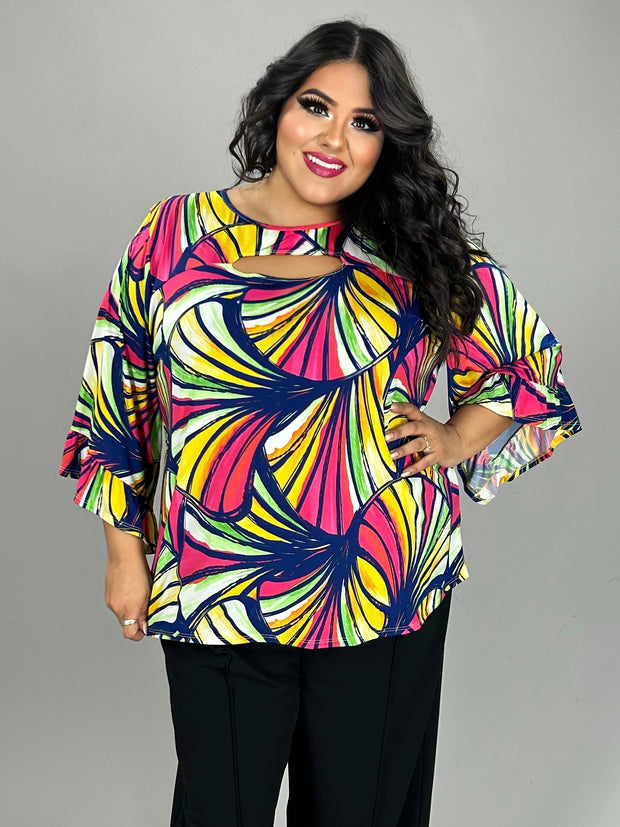 30 PQ {Fan For You} Navy/Fuchsia Keyhole Print Top PLUS SIZE 1X 2X 3X