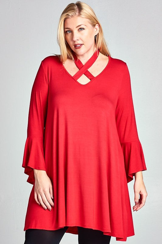 32 SQ {Dreaming Of Elegance} Red V-Neck Top w/ Tie Cross Neck Detail PLUS SIZE XL 2X 3X