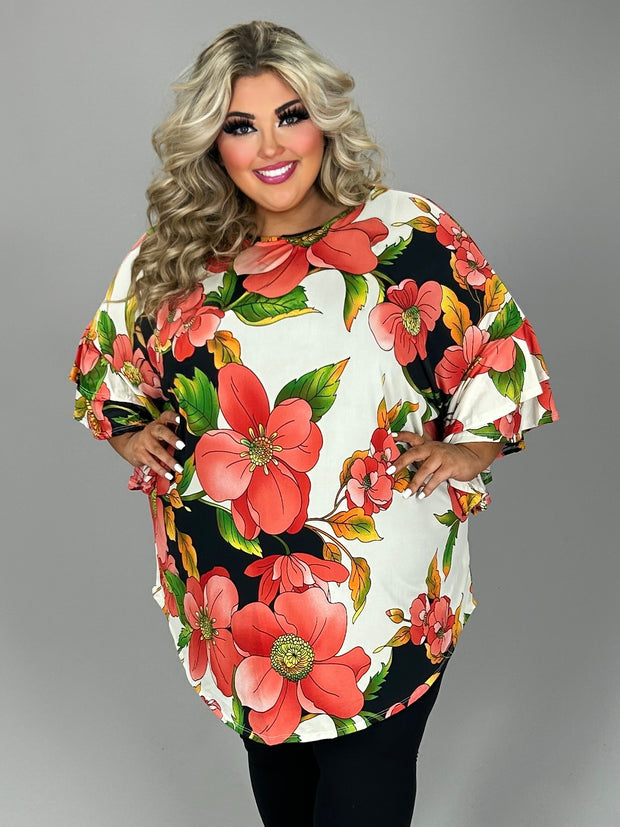 SALE!! 26 PQ {Getting Inspired} Ivory/Coral Large Floral Print Tunic EXTENDED PLUS SIZE 3X 4X 5X