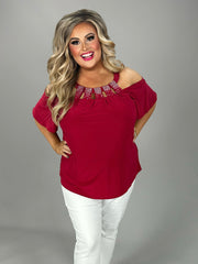 95 OS {Posh Dreams} Red Cold Shoulder Top w/Silver Studs PLUS SIZE 1X 2X 3X