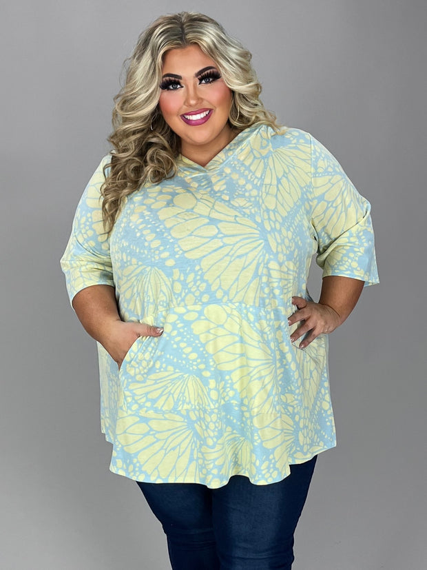 26 HD-A {New Adventure} Blue/Yellow Print Hoodie EXTENDED PLUS SIZE 3X 4X 5X 6X