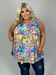 60 SV {Nothing Is Impossible} Yellow/Blue Abstract Print Top EXTENDED PLUS SIZE 4X 5X 6X