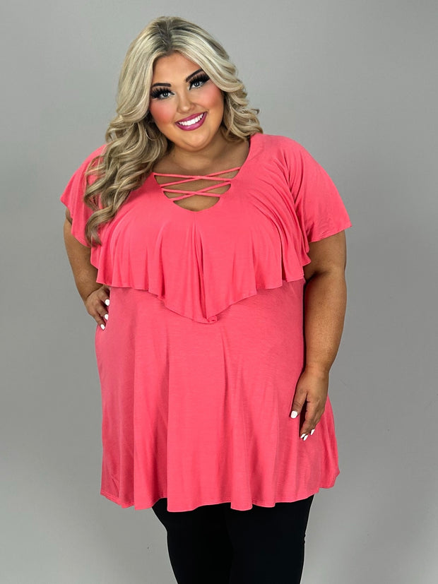 50 SSS {Treasured Jewel} Coral Criss-Cross Ruffle Tunic EXTENDED PLUS SIZE 4X 5X 6X