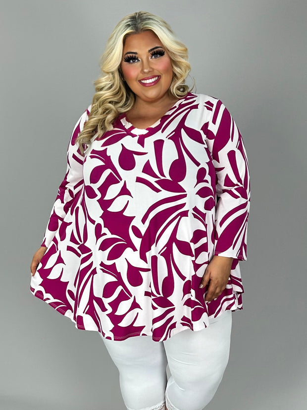 60 PQ {Infusion Of Style} Fuchsia/White Print V-Neck Top EXTENDED PLUS SIZE 3X 4X 5X