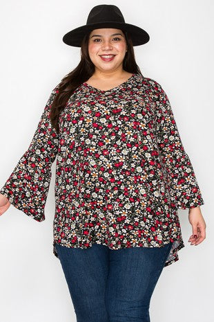 51 PQ {Inspire Love} Black/Red Floral Babydoll V-Neck Top  EXTENDED PLUS SIZE 3X 4X 5X