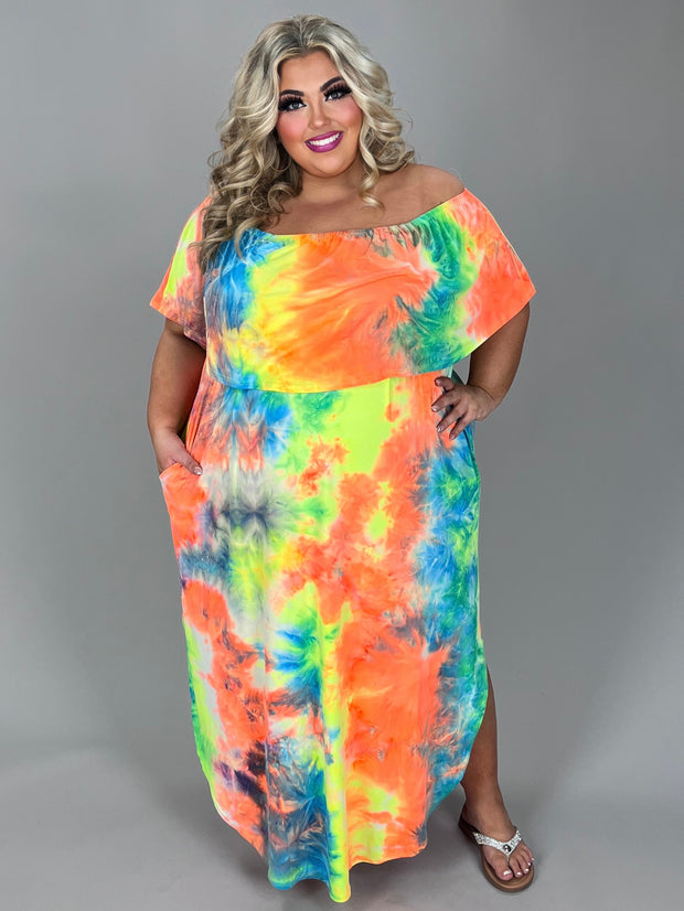 LD-Z {Always Carefree} Blue/Orange Tie Dye Off Shoulder Maxi Dress  Extended Plus Curvy Brand