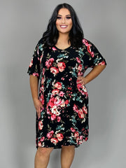 76 PSS-B {Light In The Dark} Black Floral V-Neck Dress PLUS SIZE 3X 4X 5X