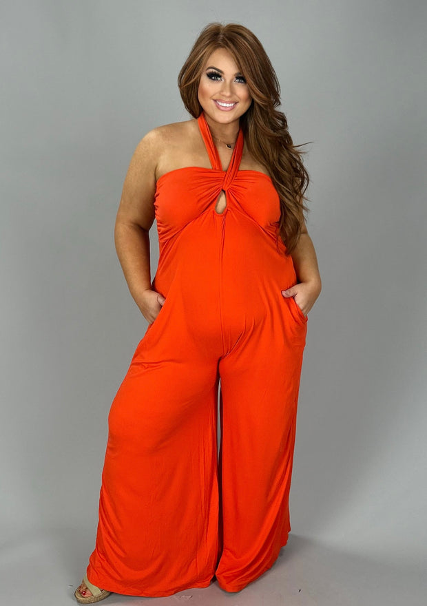 LD-I {Resort Queen} Orange Off Shoulder Wide Leg Jumpsuit PLUS SIZE 1X 2X 3X